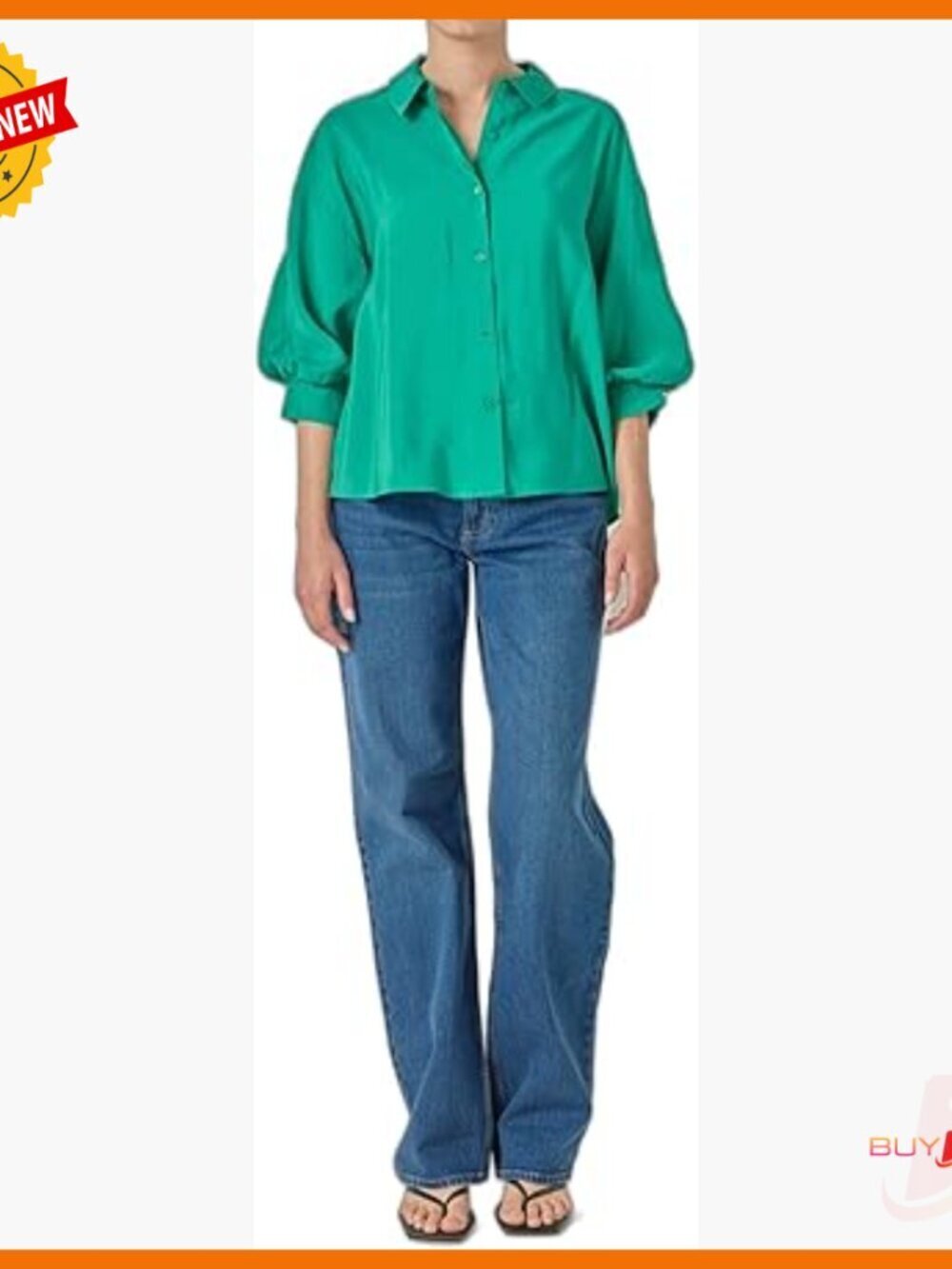 Balloon Sleeve Blouse, Rayon Button Down Shirt, Relaxed Fit, 3/4 Sleeves